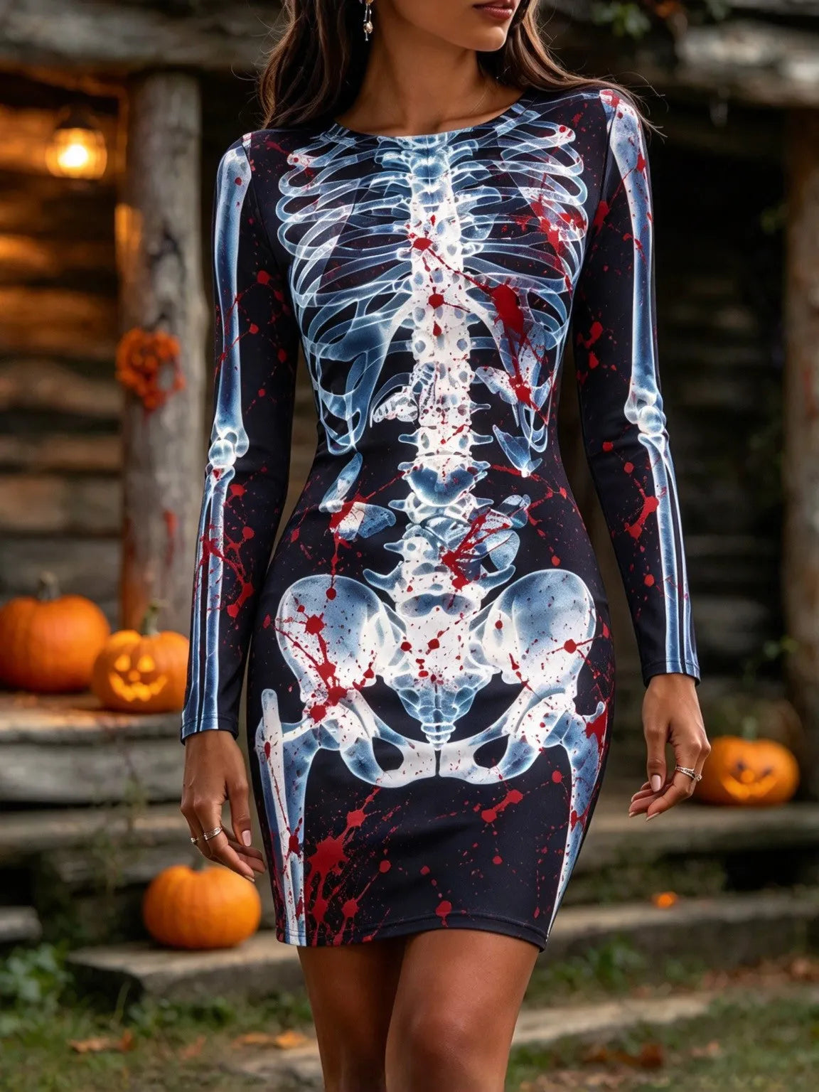Cardydony Women's Skeleton And Bloodstain Print Dress