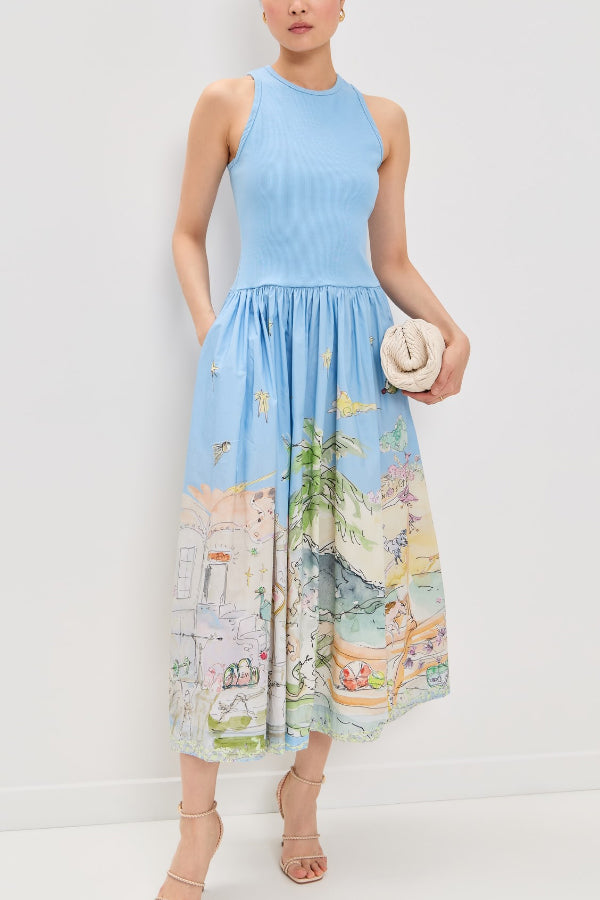 Cardydony Women's Ink Wash Print Round Neck Sleeveless Resort-style Midi Dress