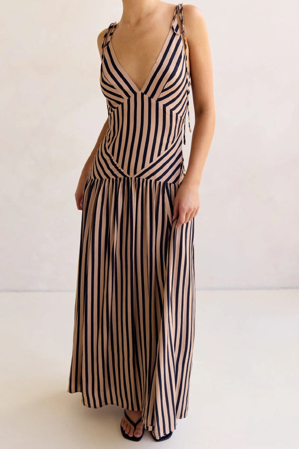 Cardydony Women's Striped Print Tie Backless Sleeveless V-Neck Elegant Maxi Dress