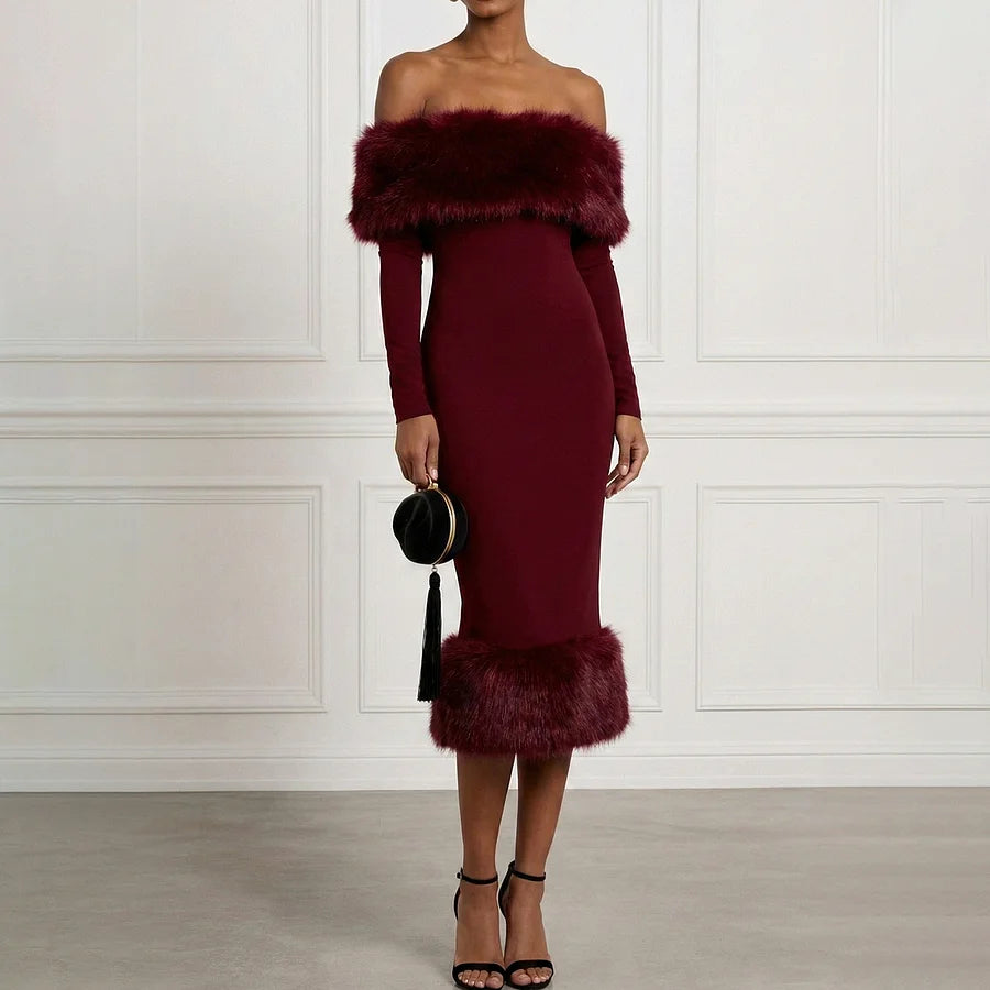 Cardydony Elegant Faux Fur Off-shoulder Midi Dress