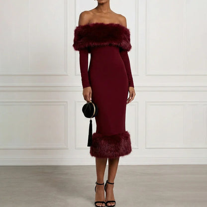 Cardydony Elegant Faux Fur Off-shoulder Midi Dress