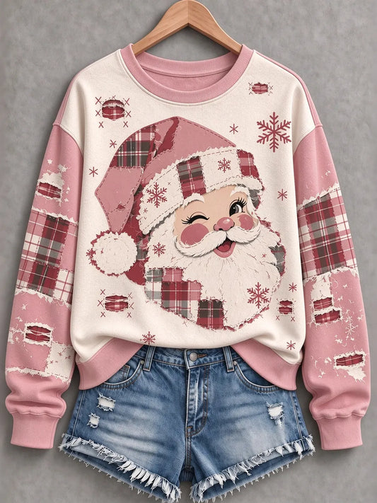 Cardydony Women's Cute Pink Santa Plaid Patchwork Print Relaxed Fit Crewneck Christmas Sweatshirt