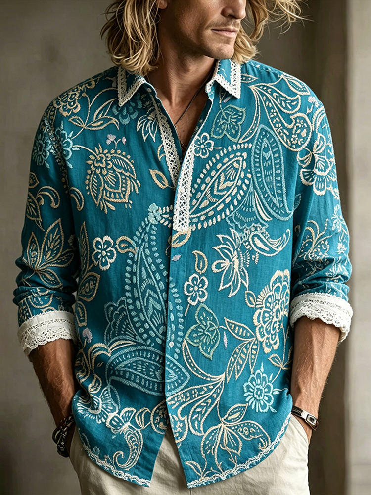 Cardydony Men's Retro Plant Flower Embroidery Pattern Design Casual Linen Shirt