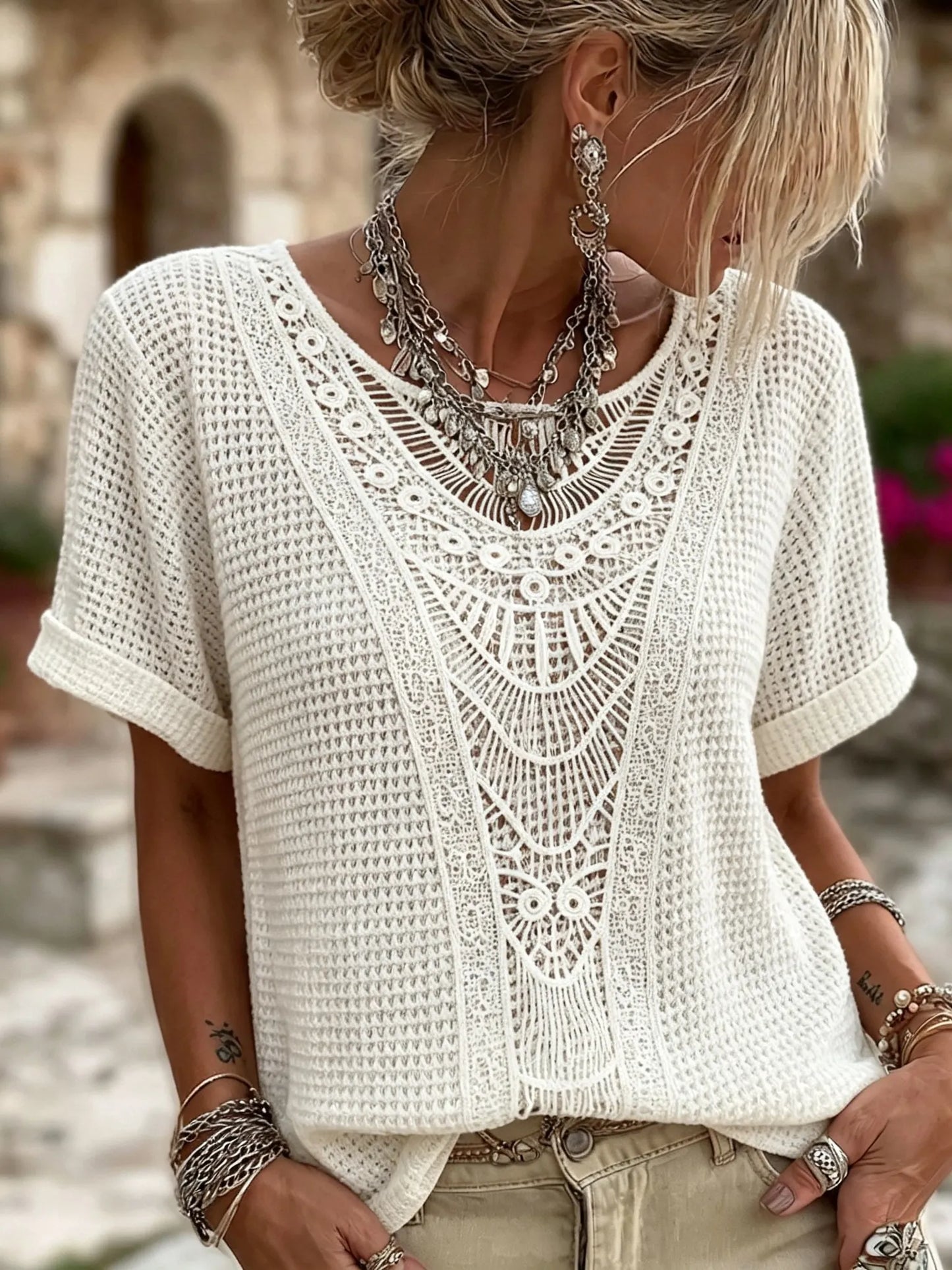 Cardydony Women's Boho Crochet Lace Hollow‑out Waffle Knit Short Sleeve Top