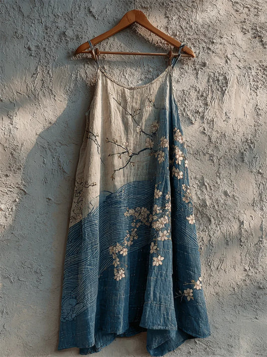 Cardydony Almond Blossom Sea Waves Japanese Gradient Linen Cami Dress