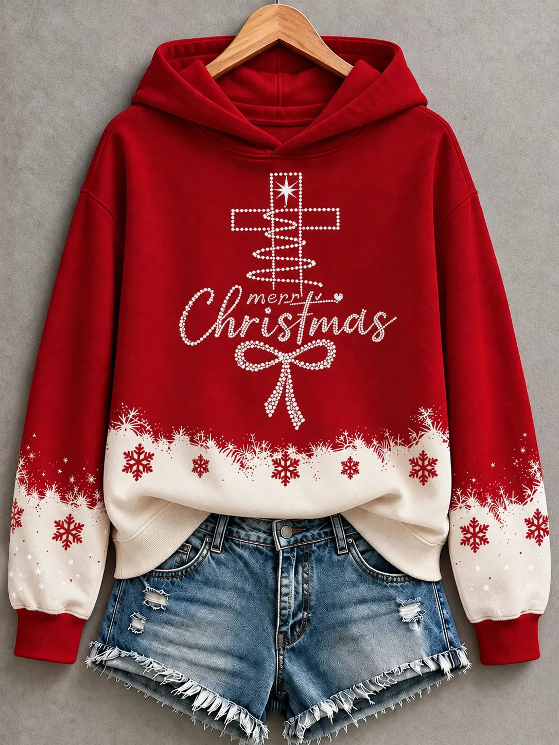 Cardydony Women's Faith Inspired Merry Christmas Cross Graphic Relaxed Fit Snowflake Hooded Hoodie