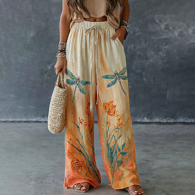 Cardydony Women's Dragonfly And Floral Pattern Art Print Flowy Linen Blend Casual Pants