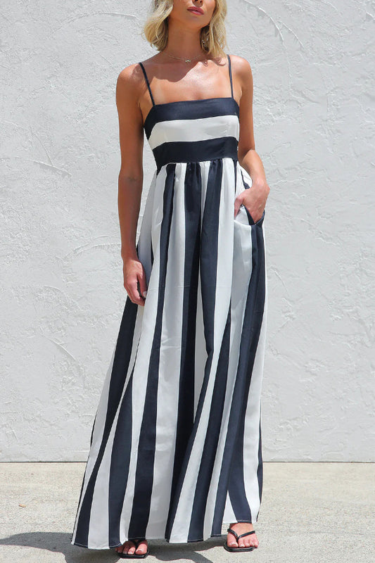 Cardydony Women's Color-blocked Striped Print Square Neck Suspender Casual Pocket Maxi Dress