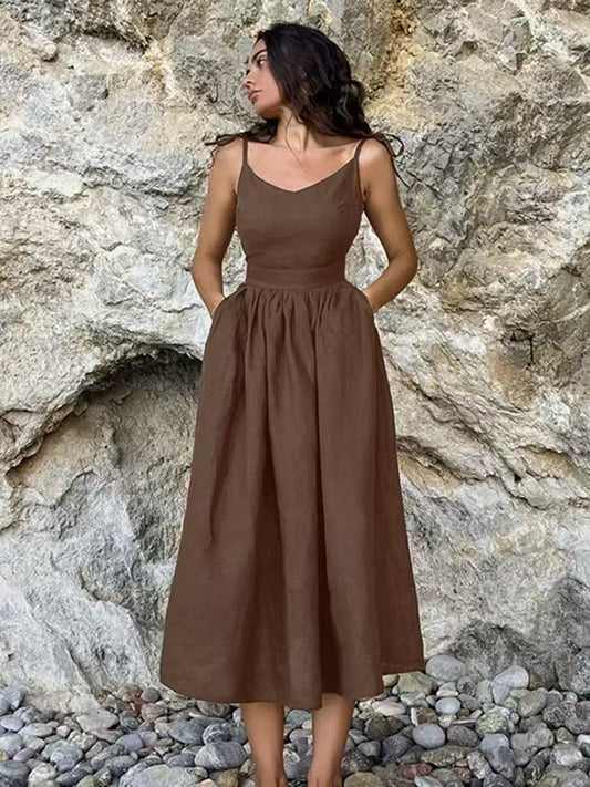 Cardydony Vintage Elegant Contrast Color Flowy Linen Maxi Dress