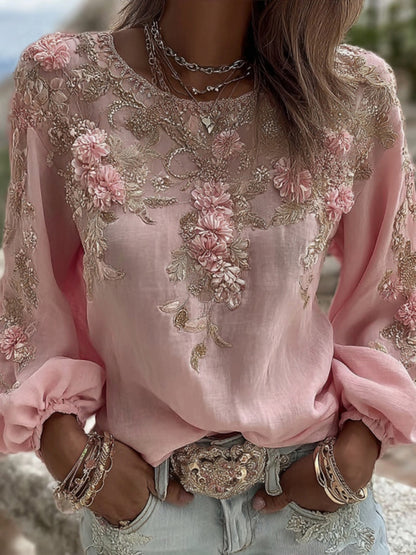 Cardydony Women's Vintage Pink Rose Embroidery Art Round Neck Long Sleeve Linen Blend T-shirt