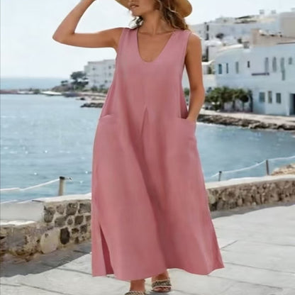 Cardydony Women's Solid Color U-neck Sleeveless Pocket Slit Vest Midi Dress