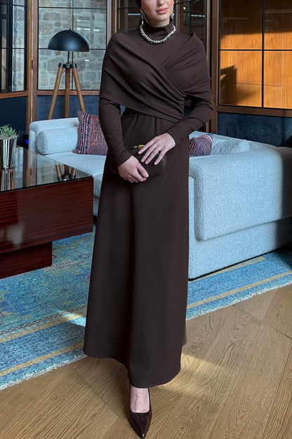 Cardydony Women's Solid Color High-neck Long-sleeved Crossover Waist Slim-fit Maxi Dress