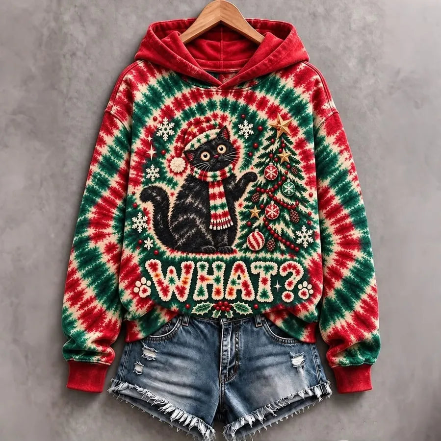 Cardydony Women's Christmas Cat Christmas Tree Rainbow Print Hoodie