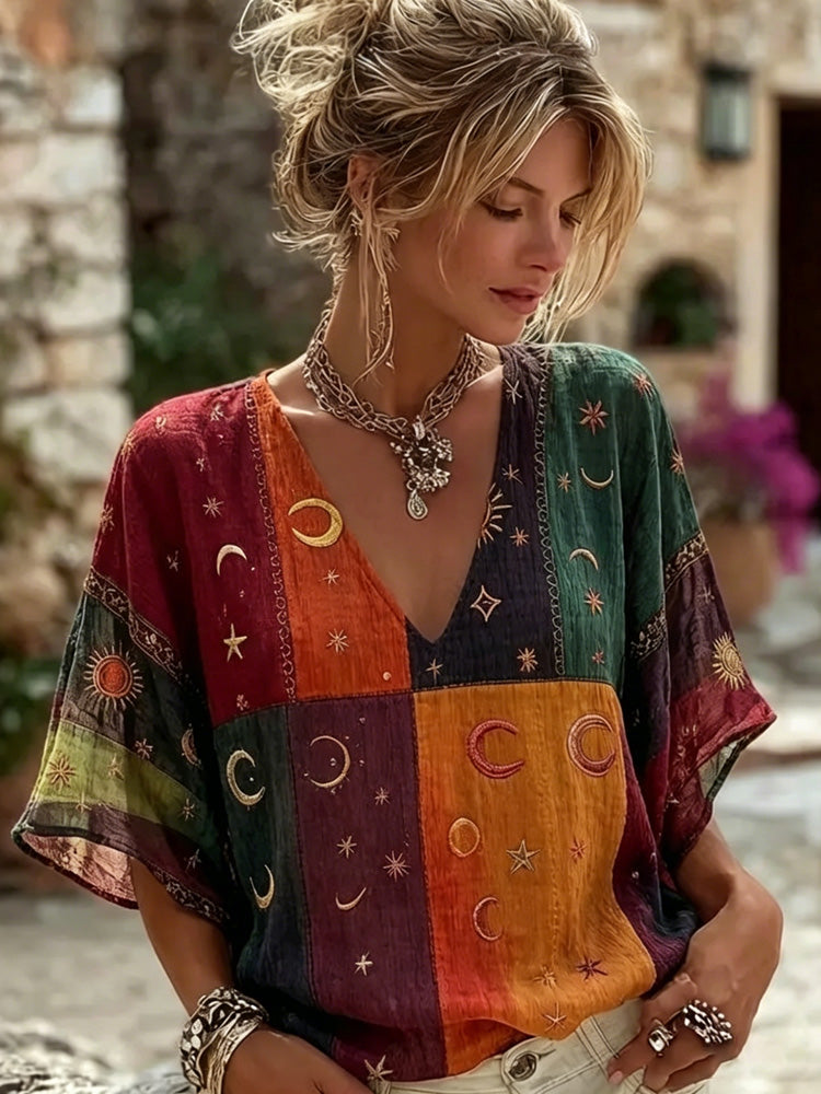 Cardydony Women's Sun, Moon And Stars Color Block Hippie Print V-neck T-shirt