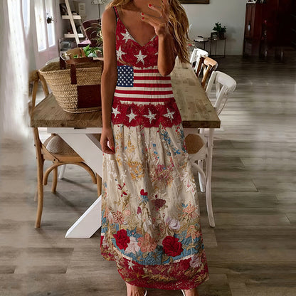 Cardydony Women's Vintage Independence Day Flag-print Maxi Dress