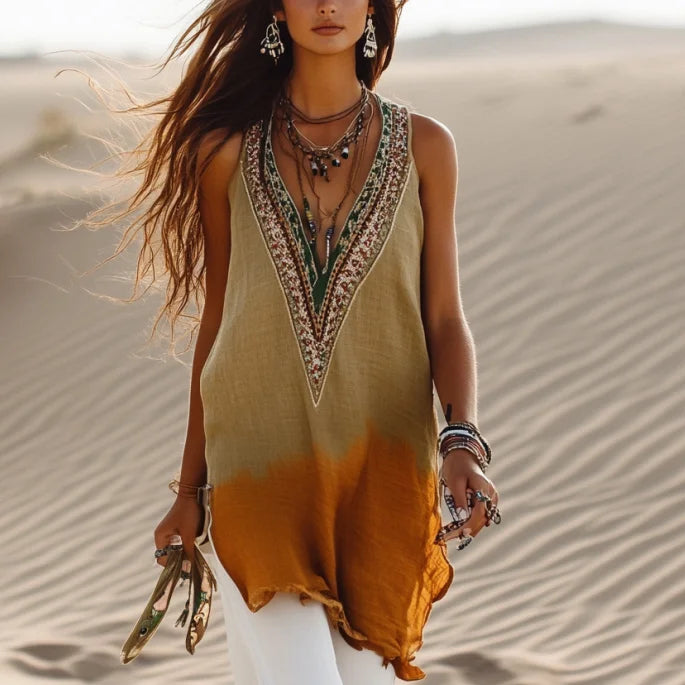 Cardydony Women's Retro Loose Bohemia Ethnic Style Gradient Art Linen Suspender Sleeveless Top