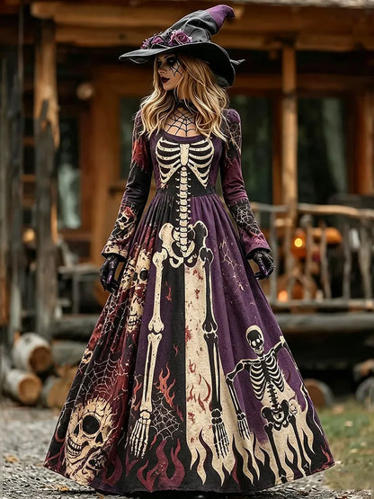 Cardydony Women's Vintage Halloween Skeleton Print Crew Neck Long Sleeve Maxi Dress