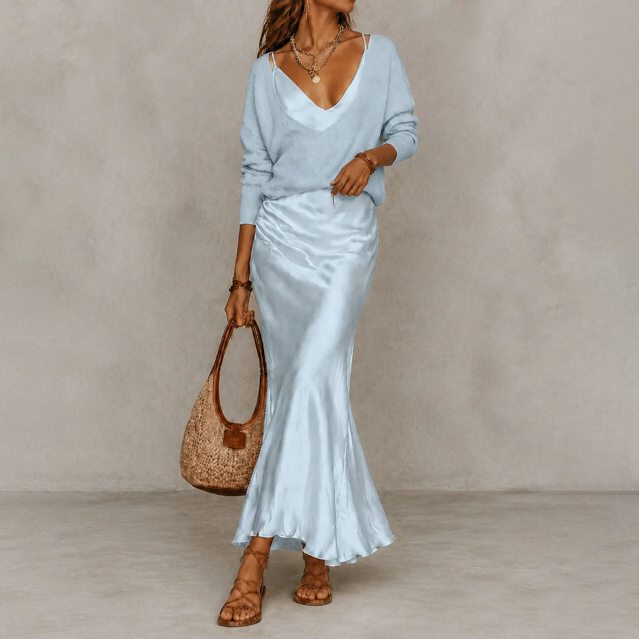 Cardydony Elegance Long-sleeved Knit Top + Satin Slip Dress Two-piece Set