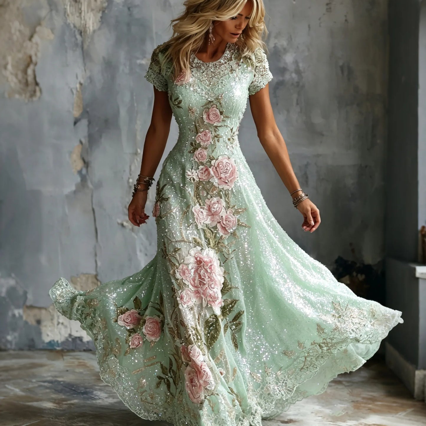 Cardydony Women's Retro Pink Rose Floral Embroidered Maxi Dress