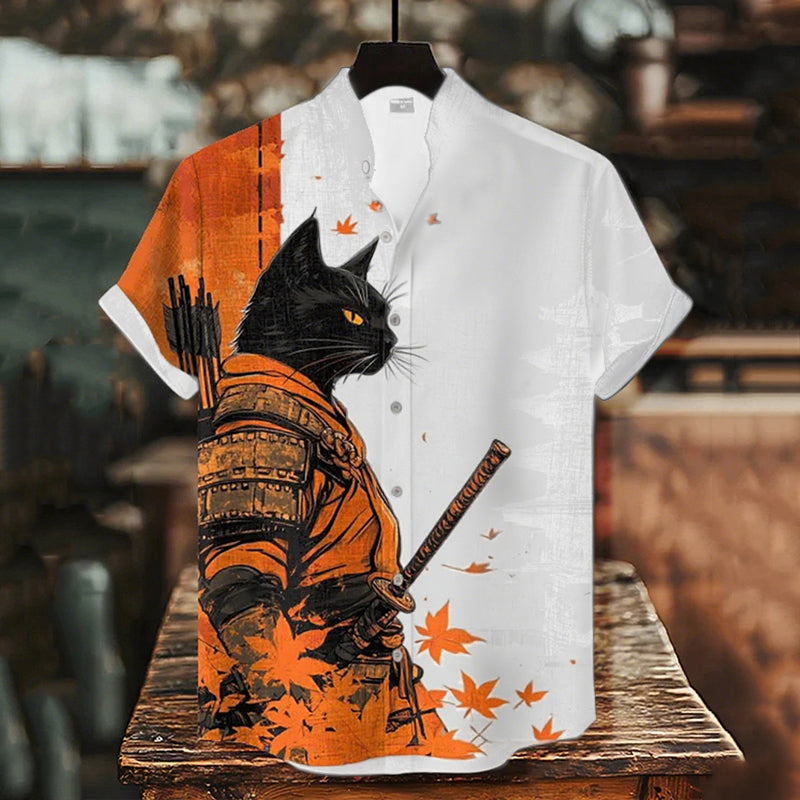 Cardydony Men's Black Cat Warrior And Maple Leaf Temple Print Casual Shirt