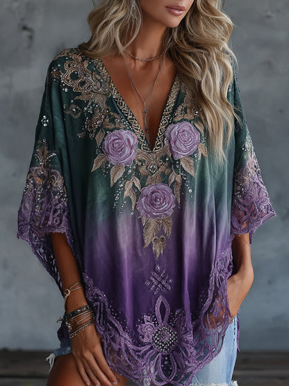 Cardydony Women's Vintage Celtic Knot Floral Gradient Art Flowy Linen Blend Casual Tops