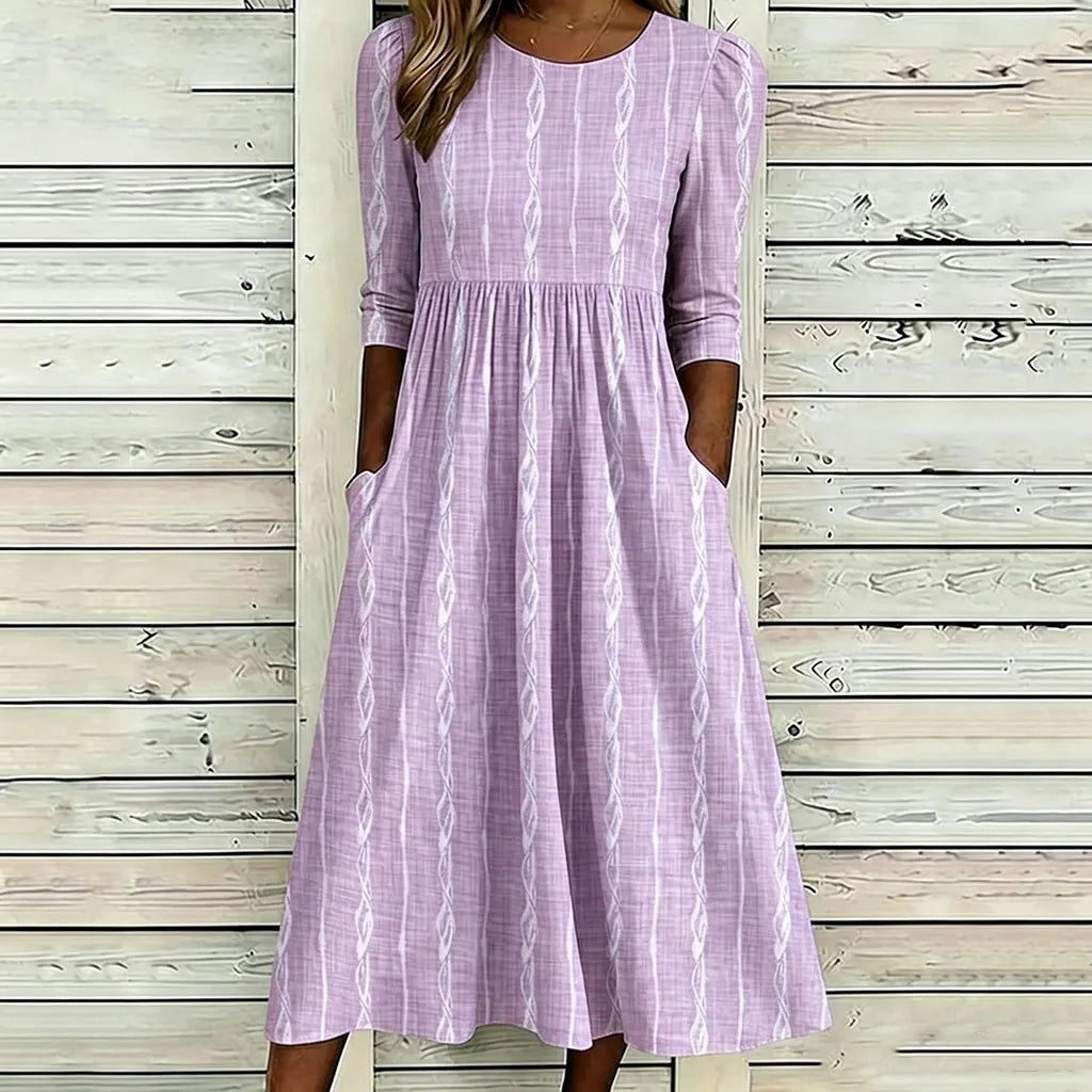 Cardydony Women's Simple Striped Art Print Casual Round Neck Dress