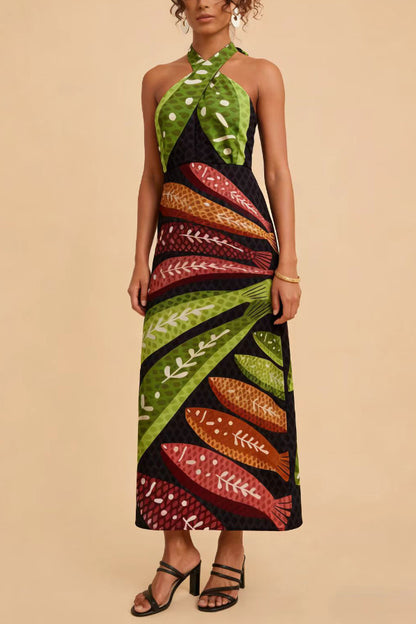Cardydony Women's  Multi-colored Fish Print Halter Neck Backless Printed Fitted Vacation Maxi Dress