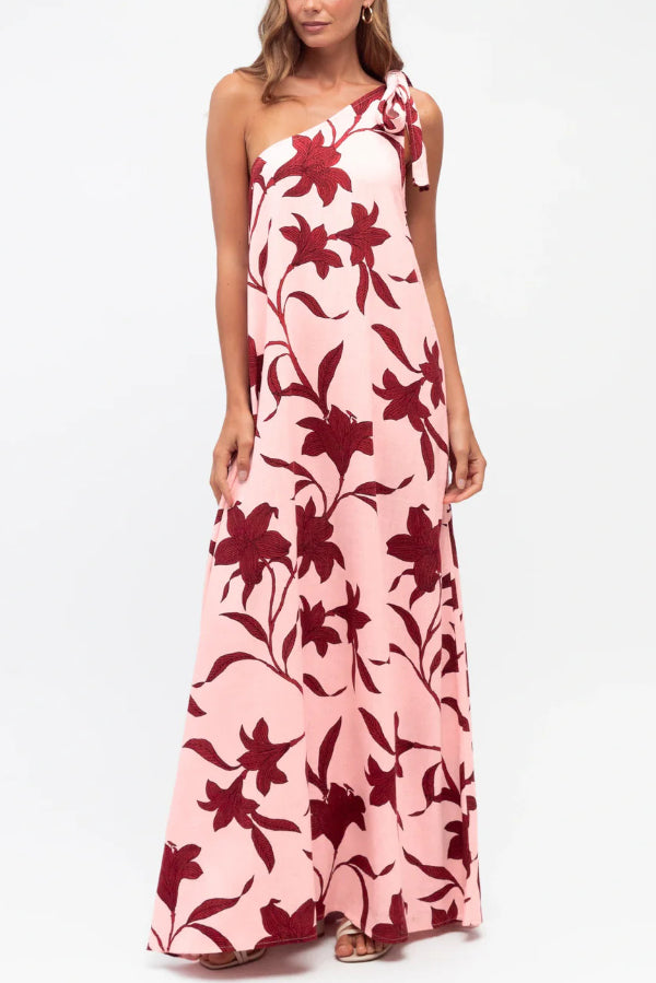 Cardydony Women's Botanical Print Sleeveless One-shoulder Tie-up Casual Vacation Maxi Dress