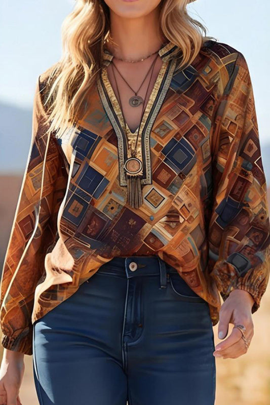 Cardydony Women's Bohemian-style Unique Print V-neck Long-sleeved Loose Top