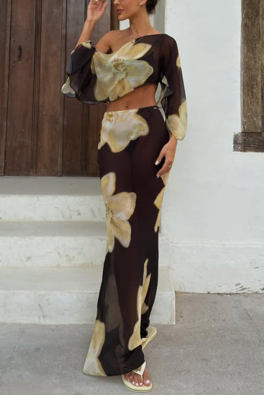 Cardydony Women's Floral Print Off-shoulder Long-sleeved Loose Top and Elegant Drawstring Maxi Skirt Set