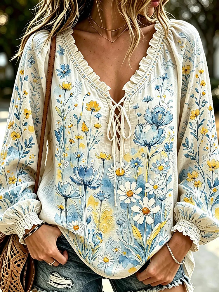 Cardydony Women's Bohemian Retro Watercolor Yellow And Blue Wildflower Print V-neck Tie Ruffle Long Sleeve Top