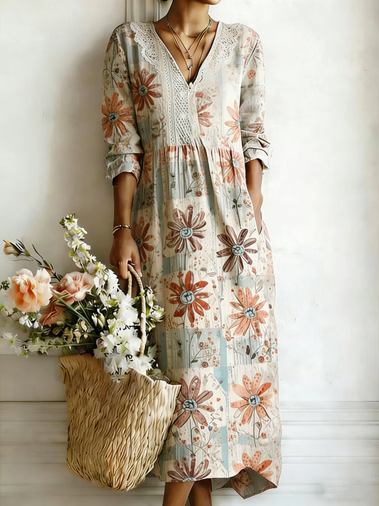 Cardydony Women's Bohemian Vintage Floral Art Print Flowy Linen Blend Casual Dress