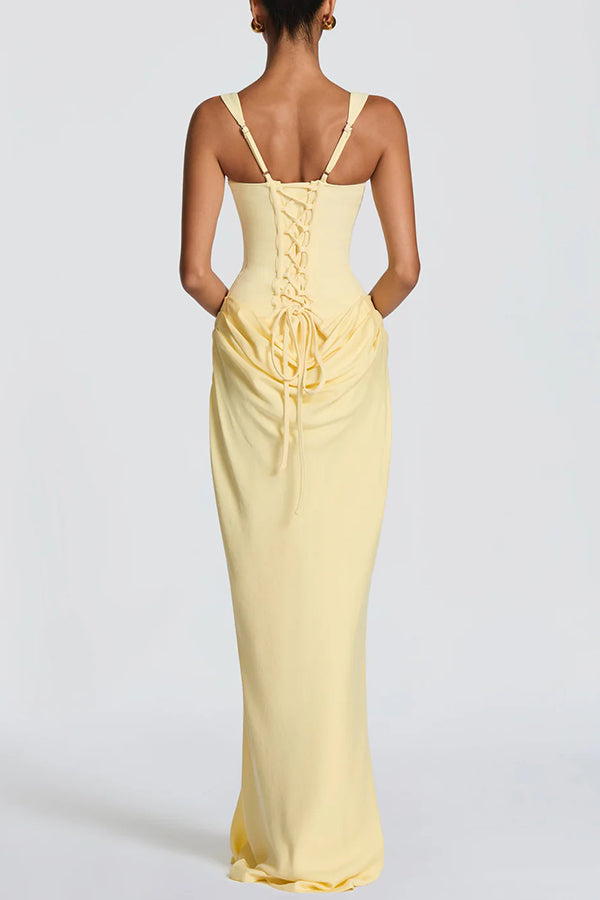 Cardydony Women's Larrah Square Neck Back Lace-up Satin Drape Hem Maxi Dress