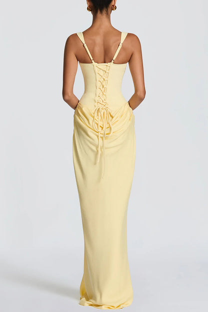 Cardydony Women's Larrah Square Neck Back Lace-up Satin Drape Hem Maxi Dress