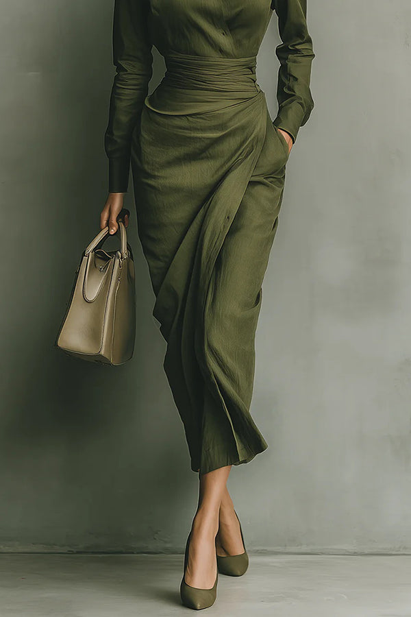Cardydony Women's Solid Color Lapel Long Sleeve Pocket Slim-fit Asymmetrical Midi Dress