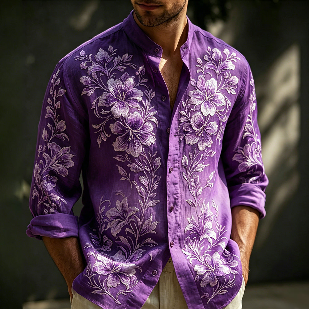 Cardydony Men's Purple Floral Art Embroidered Linen Blend Lightweight Long Sleeve Shirt