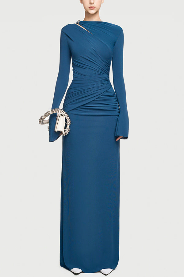 Cardydony Women's Stylish Long-sleeved Slim-fit Pleated Elegant Maxi Dress