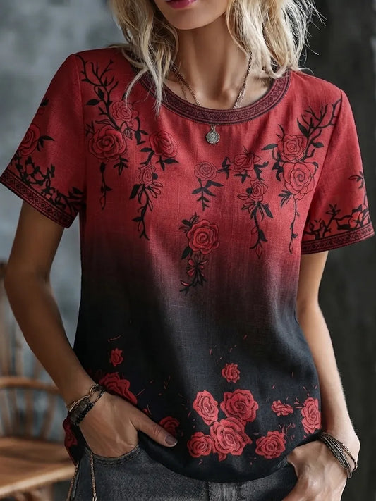Cardydony Women's Retro Rose Gradient Print Crew Neck T-shirt