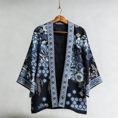 Cardydony Japanese Chrysanthemum Floral Art Linen Kimono