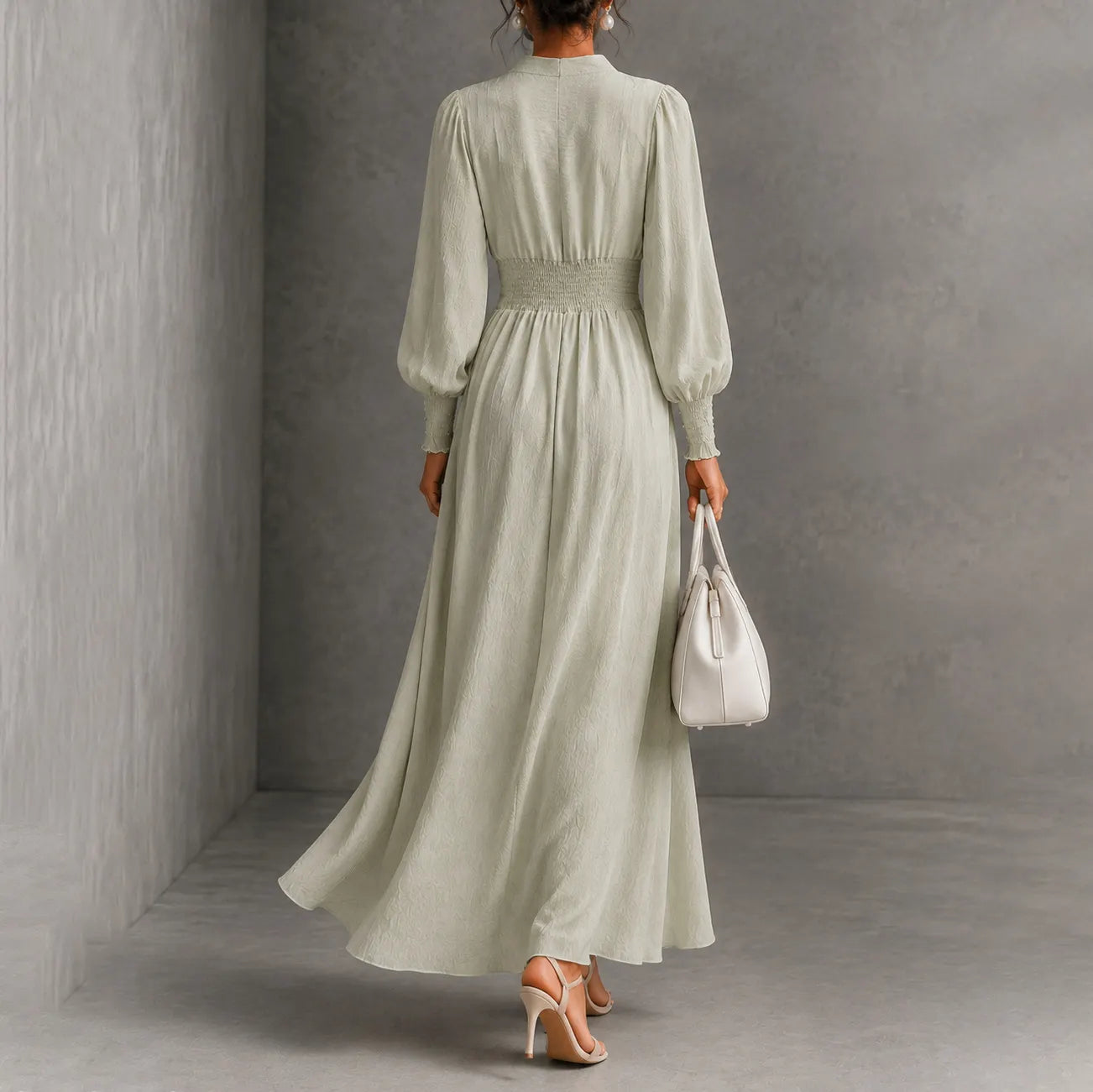 Cardydony Elegance V-neck Belted Waist Long Sleevess Maxi Dress