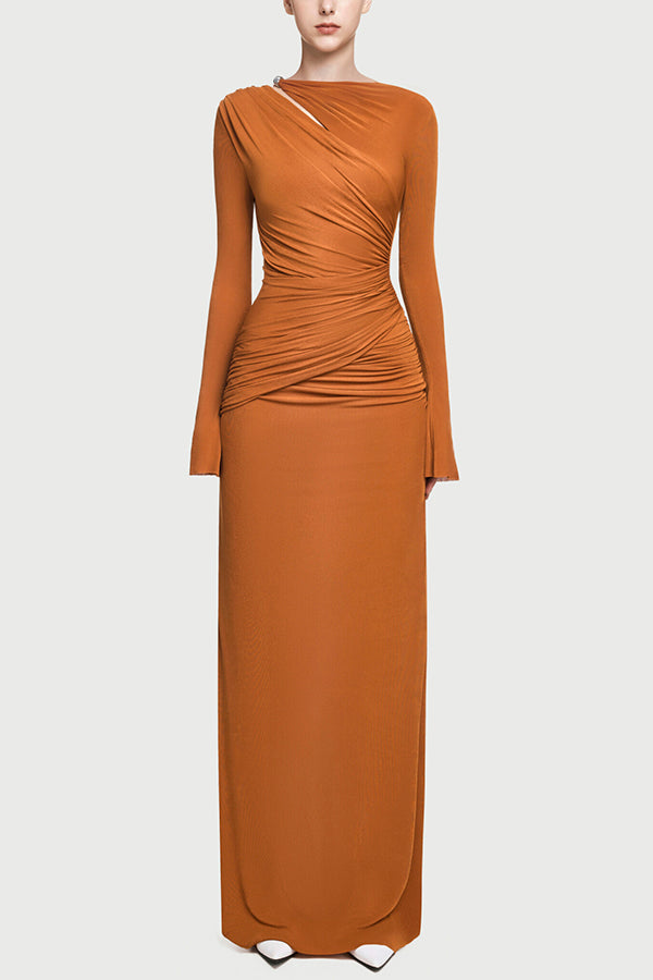 Cardydony Women's Stylish Long-sleeved Slim-fit Pleated Elegant Maxi Dress