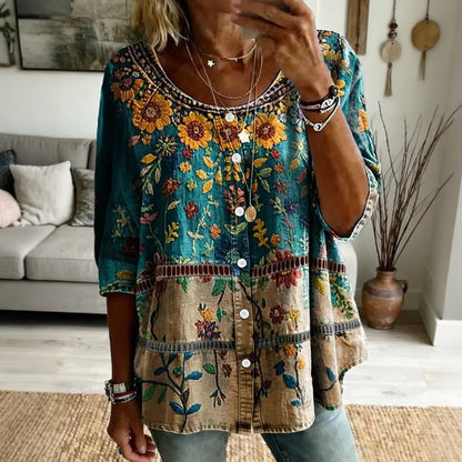Cardydony Women's Retro Bohemian Sunflower Color Block Print T-shirt