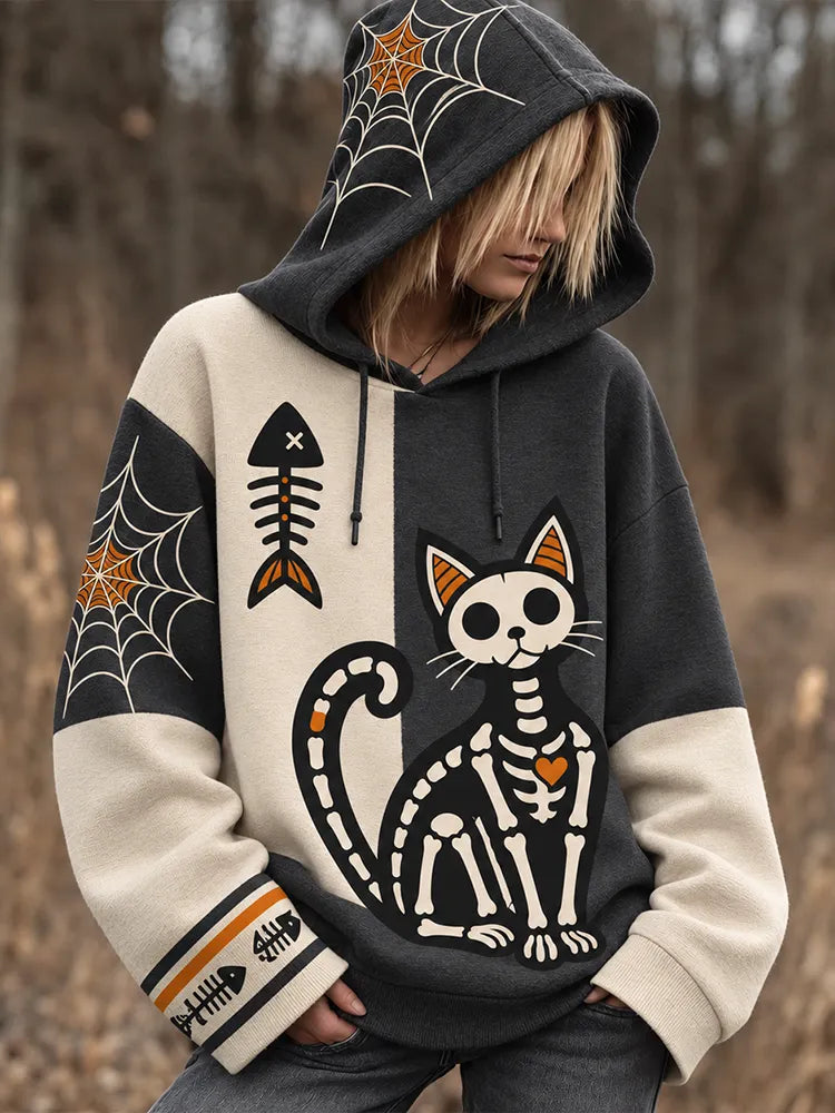 Cardydony Women's Skeleton Cat And Spider Web Patchwork Hoodie