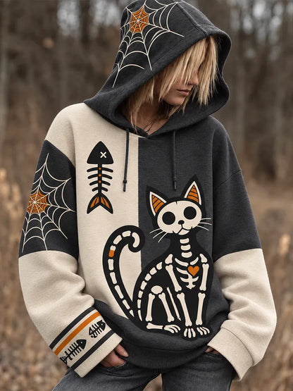 Cardydony Women's Skeleton Cat And Spider Web Patchwork Hoodie
