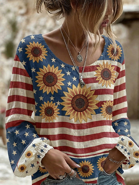 Cardydony Women's Vintage Independence Day Flag Sunflower Print Linen Blend T-shirt