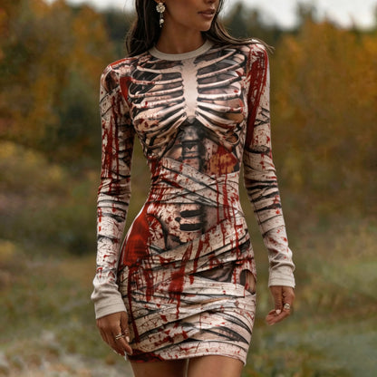 Cardydony Women's Halloween Skull Mummy Long-sleeved Bloodstained Print V-neck Gothic Horror Party Dress