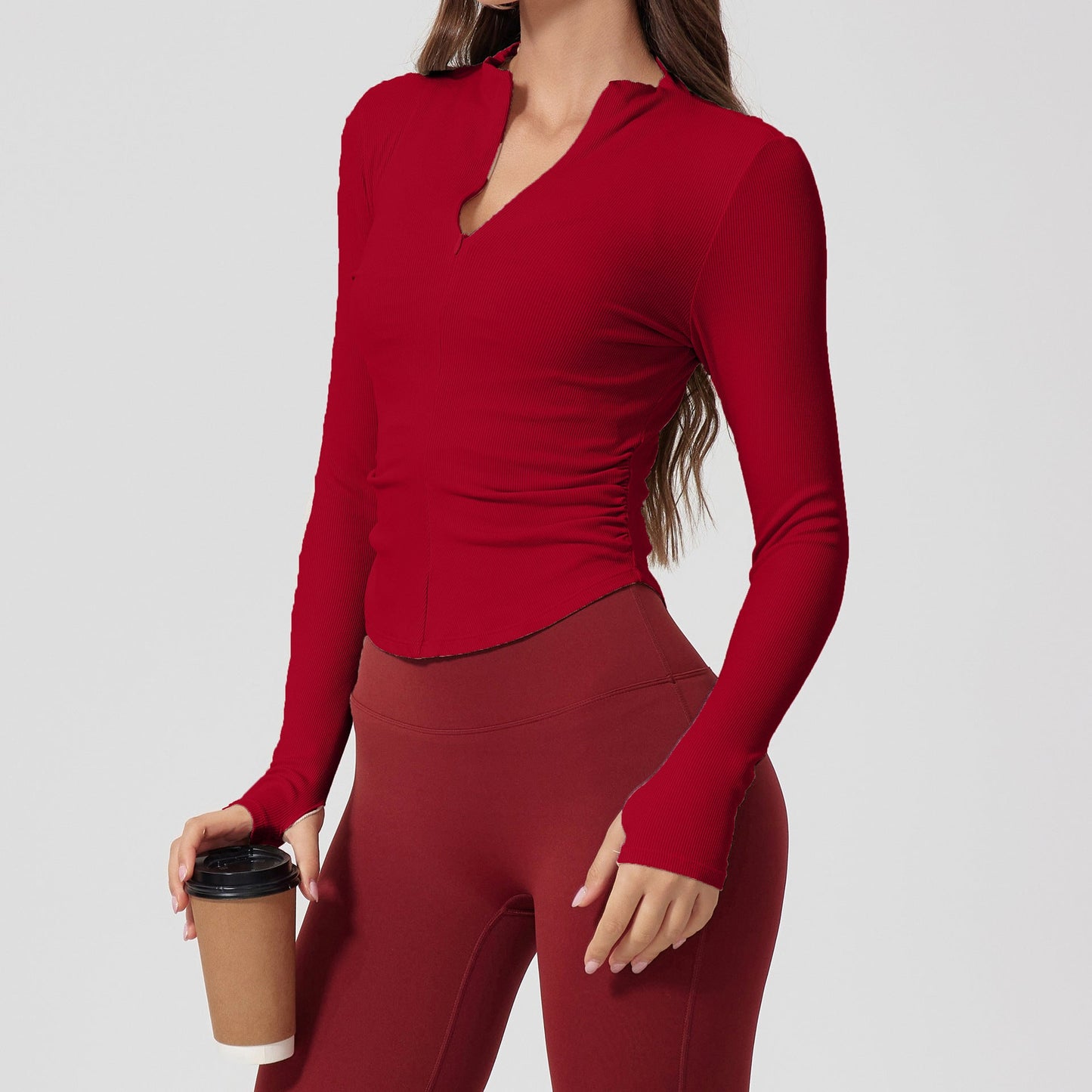 Cardydony Women's Slim Fit Activewear Top – Women's Long Sleeve Half-Zip with Ruched Detail