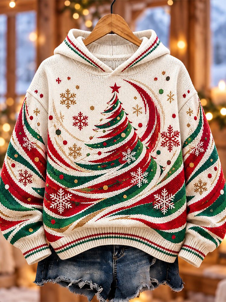 Cardydony Women's Vintage Crescent Moon Christmas Tree Snowflake Hooded Ugly Christmas Sweater