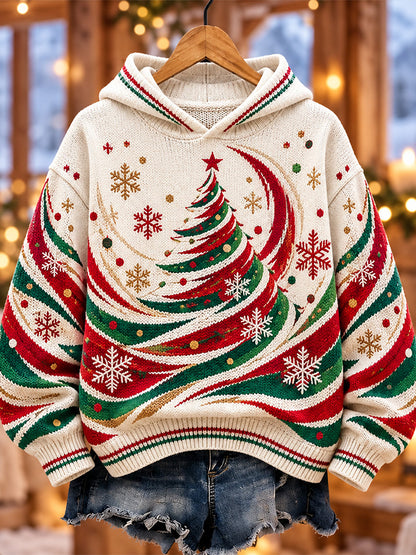 Cardydony Women's Vintage Crescent Moon Christmas Tree Snowflake Hooded Ugly Christmas Sweater