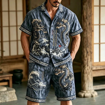 Cardydony Men's Dragon Pattern Wavy Text Vintage Cotton And Linen Short Sleeve Shirt And Shorts Two-piece Set
